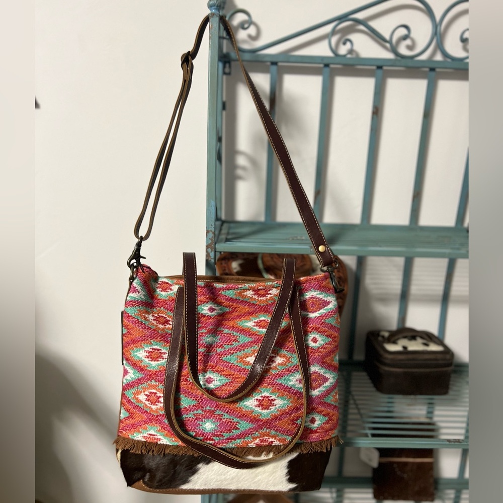 Myra Bag Western Aztec Cowhide with Canvas Leather Large Tote Pink Crossbody